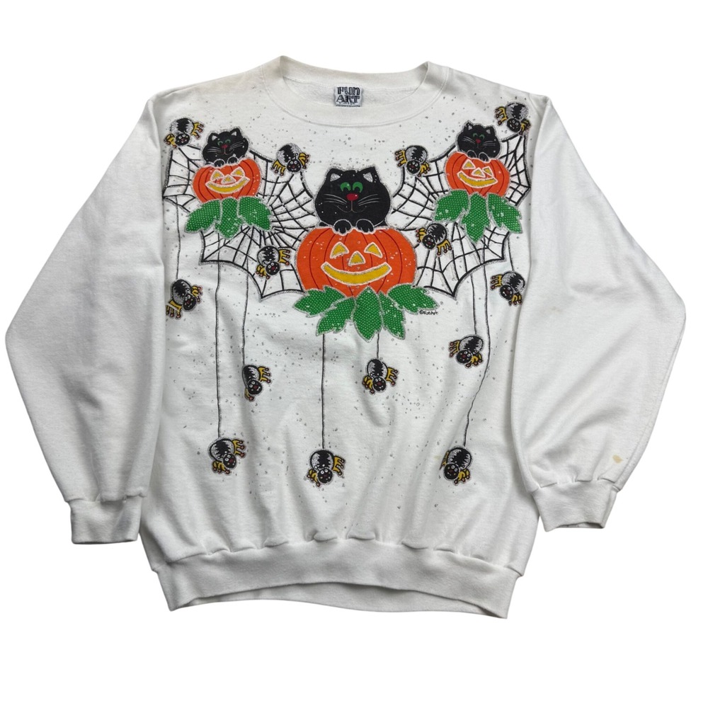 Vintage 90s Fun Art Lori B Halloween Sweatshirt White Black Cat Pumpkin Spider
